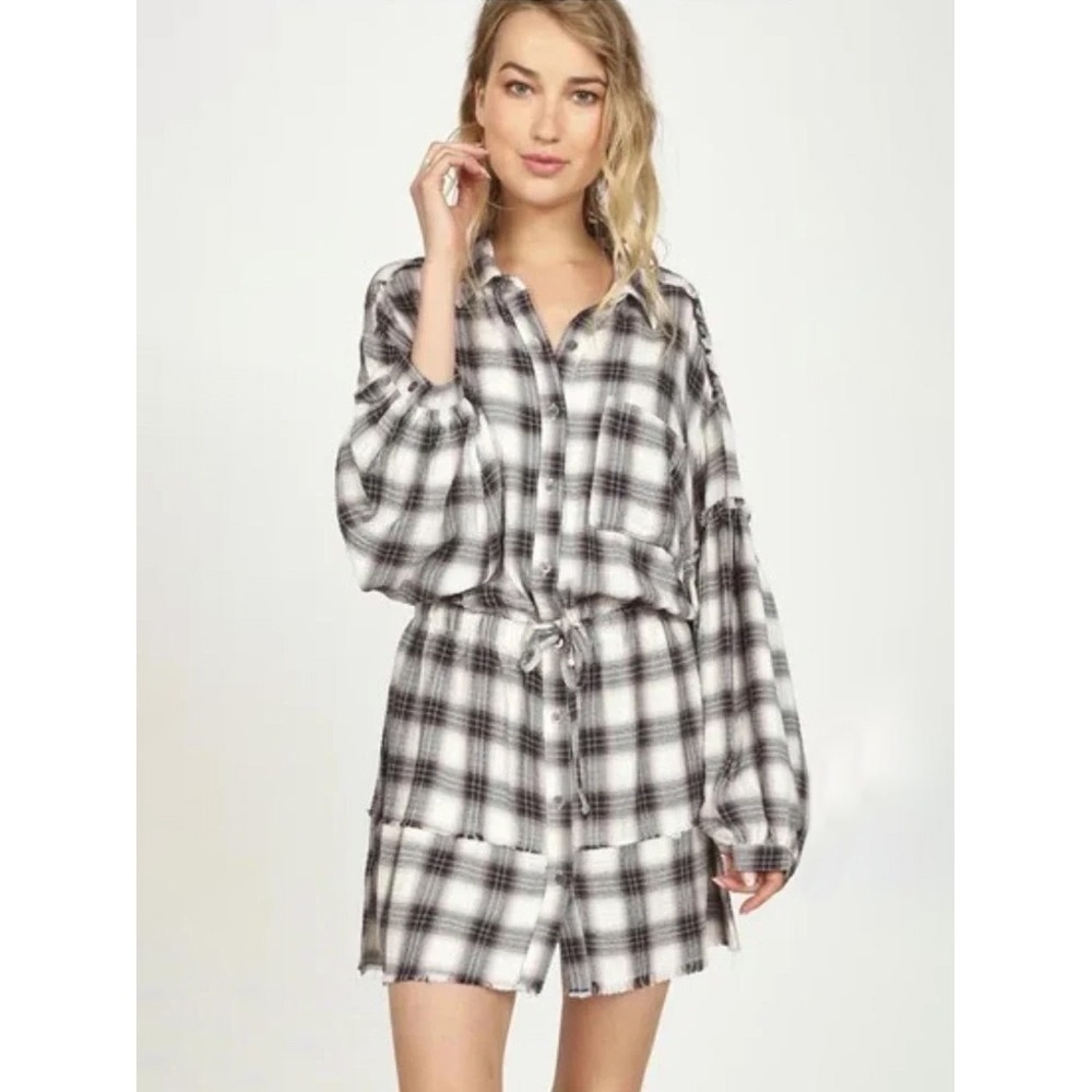 Vintage Havana Plaid Shirt Dress Large Black White Fringe Balloon Sleeve Boho